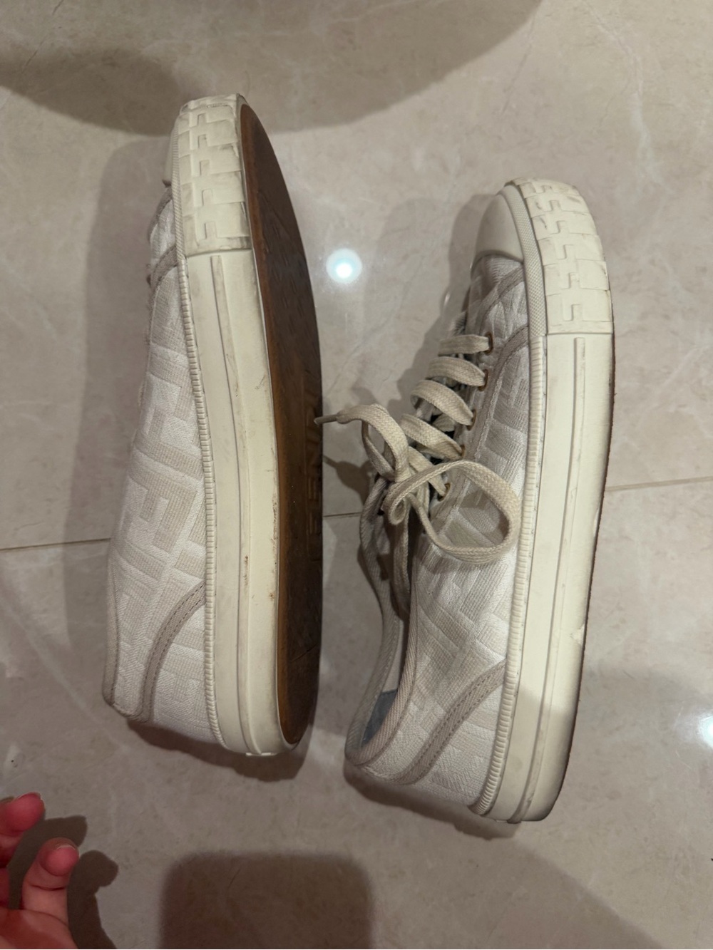 Fendi Ivory FF Logo Canvas Lace-Up Sneakers - Picture 4 of 6